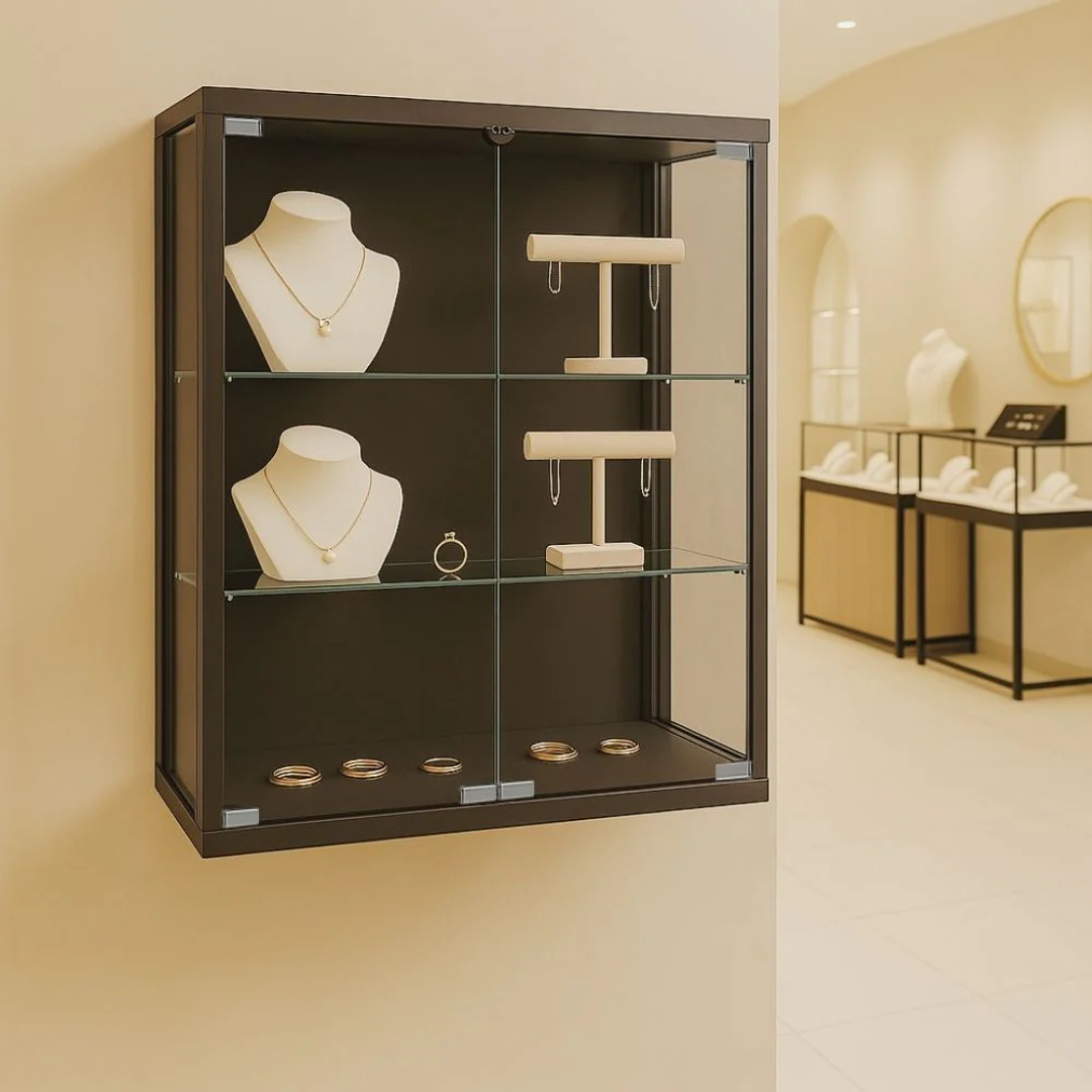 Manufacturer, Exporter, Importer, Supplier, Wholesaler, Retailer, Trader of Modern glossy commercial jewelry display shelves wall mount jewelry showcase in Dubai, Dubai,UAE, 
